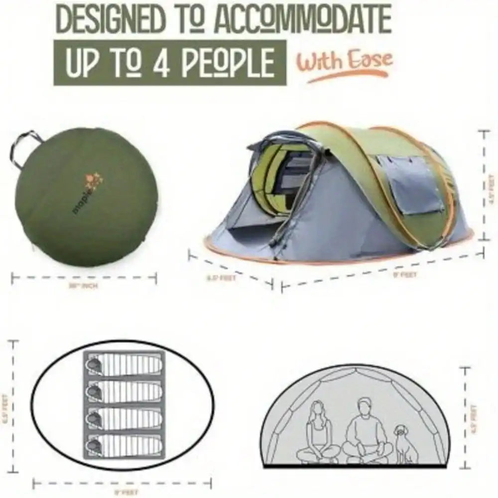 Camping Tent 4 Person Easy Pop Up Tent with 2 Doors UPF50+ Waterproof Double Layer Synthetic Fibres