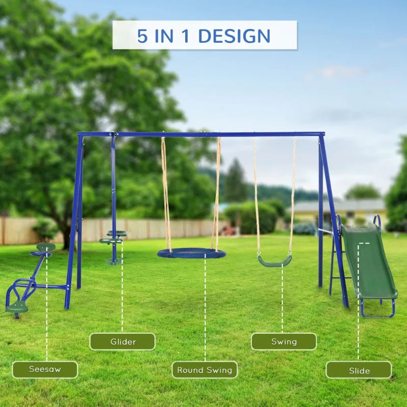 616 Lbs Swing Set for Backyard 5 in 1 Heavy Duty A Frame Stand Outdoor Playset for Kids with Slide Seesaw Glider and Swing Seat