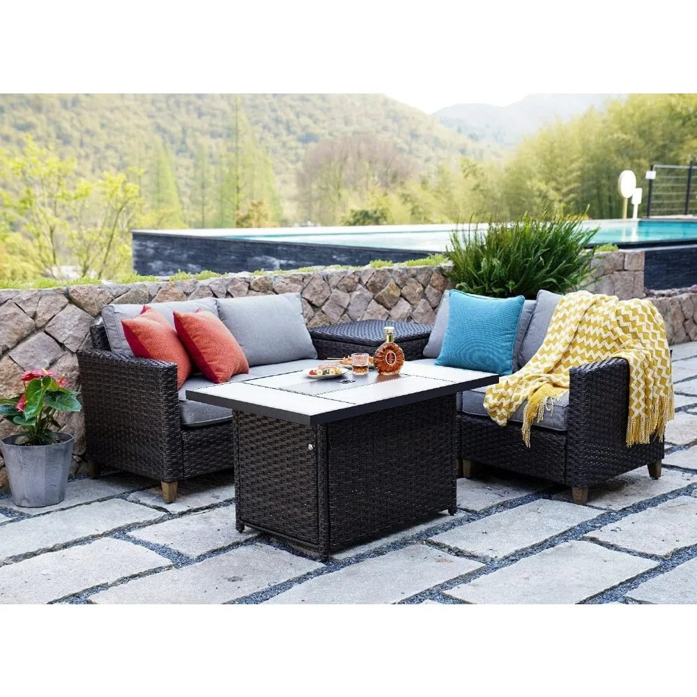 Outdoor Propane Fire Pit Table with Cover for Patio 43 Inch 50000 BTU Wicker Rectangle
