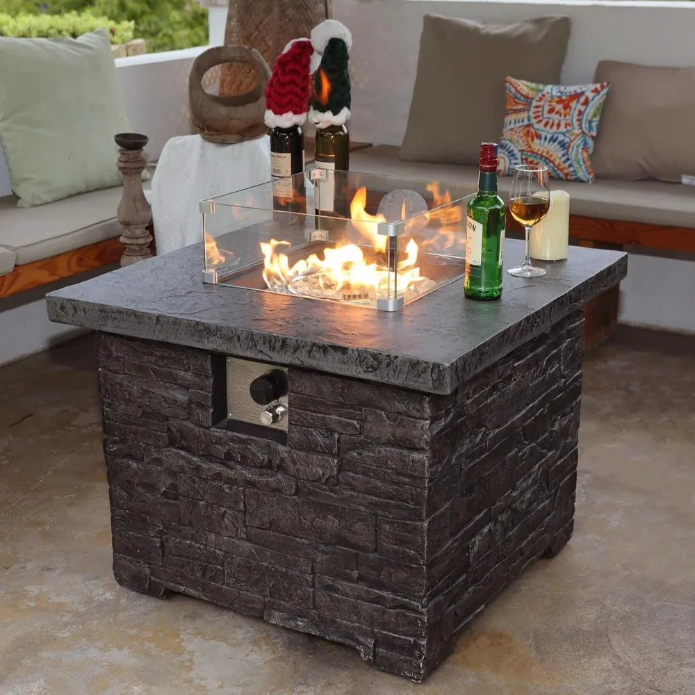 32 Inch Outdoor Propane Fire Pit Table Square Firepit with Glass Wind Guard 50000 BTU 2 Piece Slate Gas Fire Table