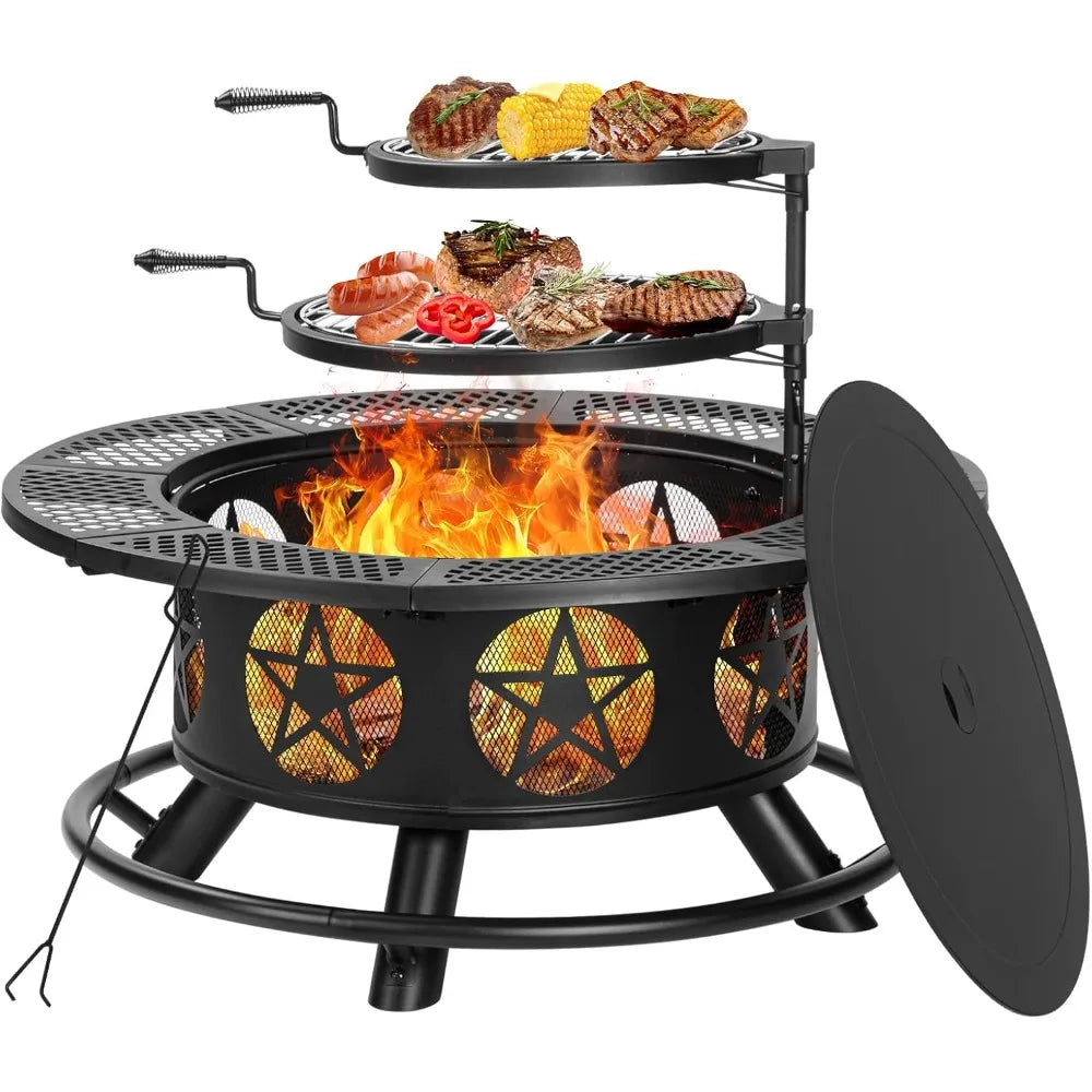 42 Inch Fire Pit with 2 Cooking Grills Heavy Duty Outdoor Fire Pit with Lid and Poker