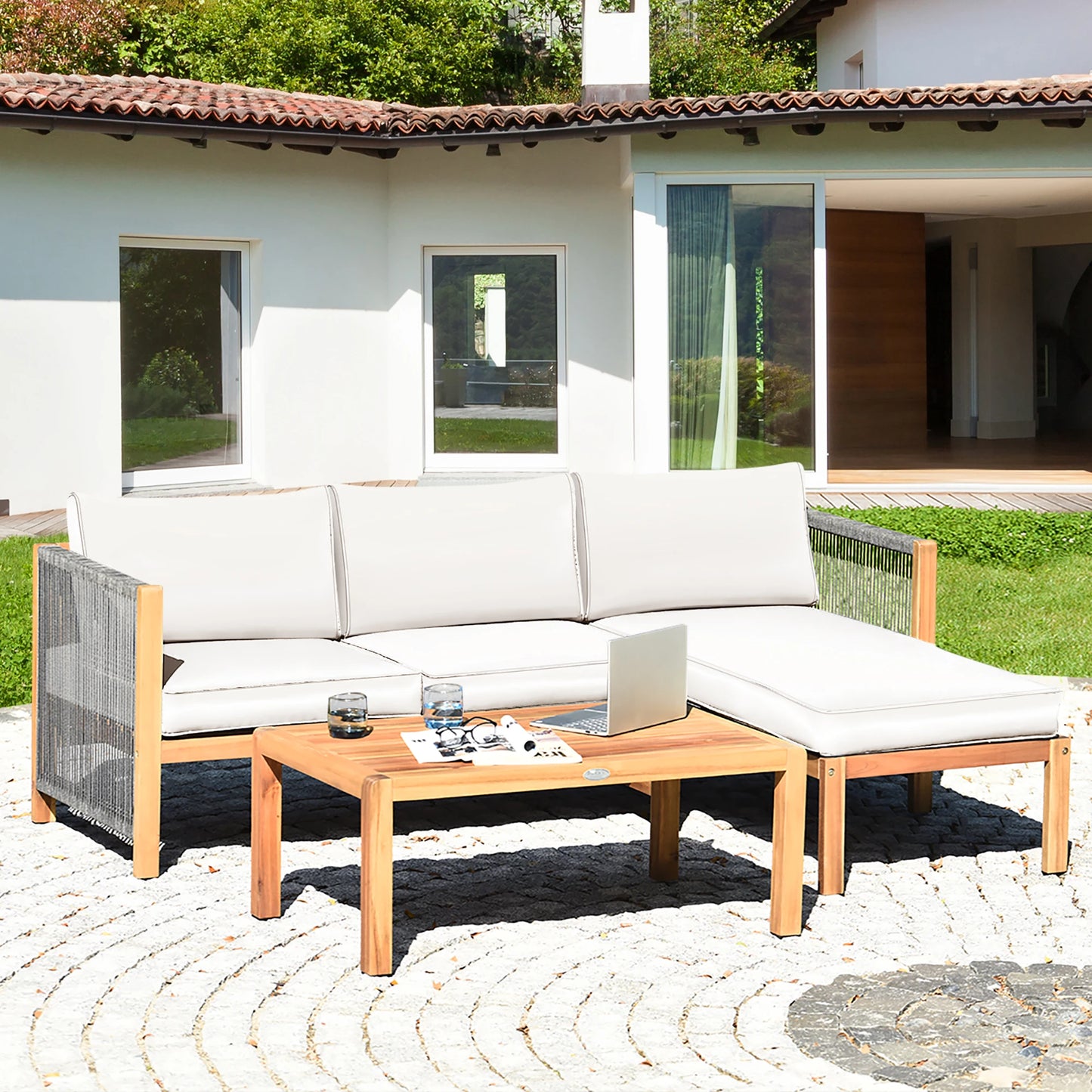3PCS Patio Acacia Wood Sofa Furniture Set Thick Cushion W/Nylon Rope Armrest