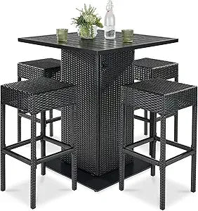 5 Piece Outdoor Wicker Bar Table Set for Patio Poolside and Backyard with Built in Bottle Opener Hidden Storage Shelf and Metal Table