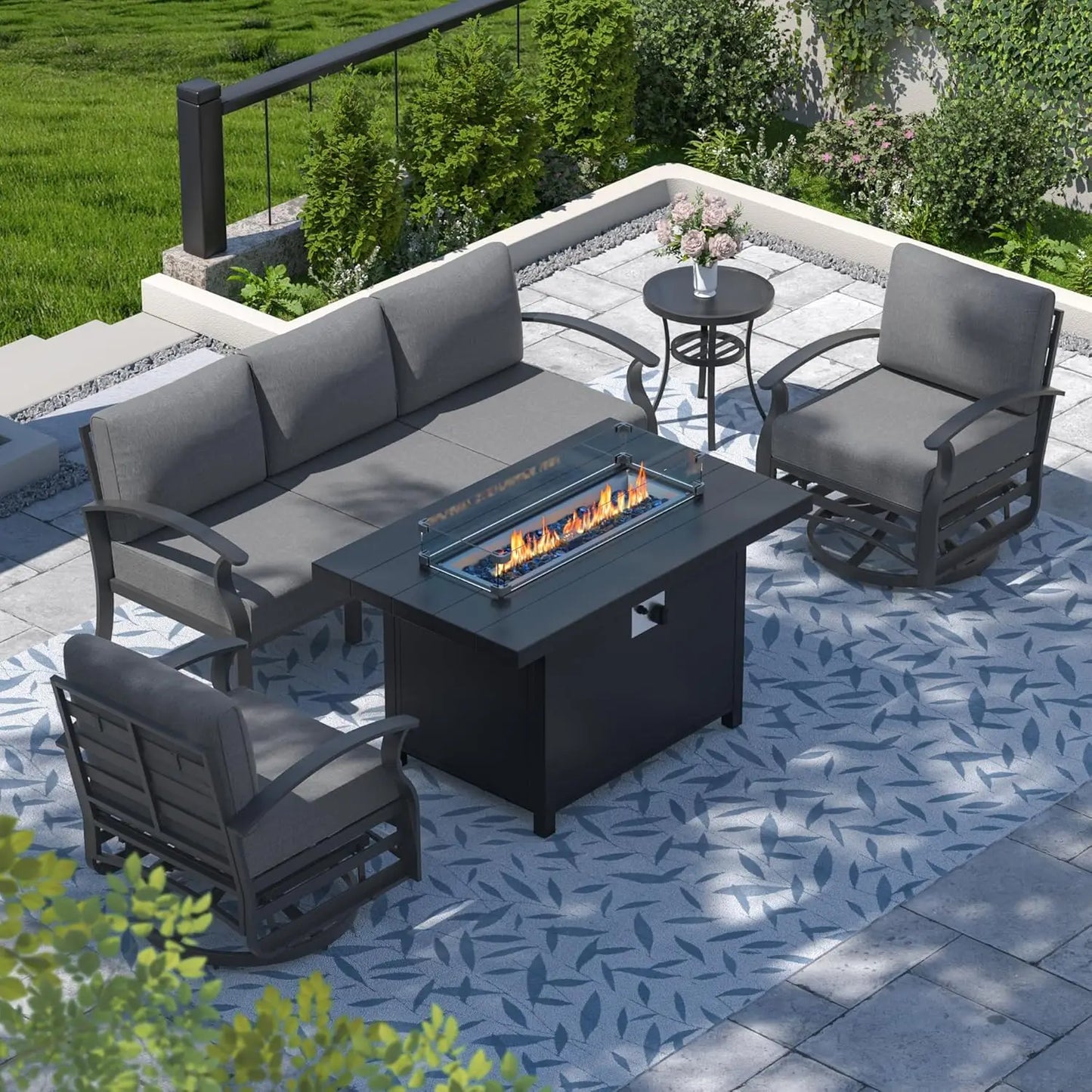 Aluminum Patio Furniture Set with Fire Pit Table, Swivel Chair Metal Patio Sectional Sofa with Upgrade Cushions for Patio