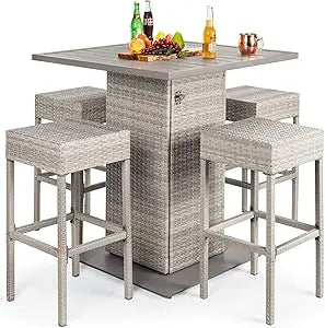5 Piece Outdoor Wicker Bar Table Set for Patio Poolside and Backyard with Built in Bottle Opener Hidden Storage Shelf and Metal Table