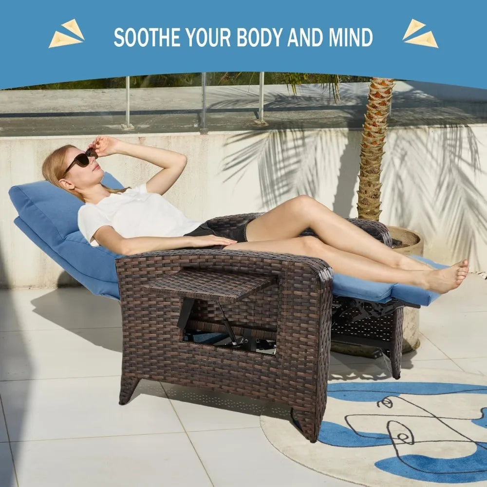 Upgraded Outdoor Recliner Chair Adjustable Back Reclining Patio Chairs Lay Flat Extended Footrest Wicker Rattan Metal