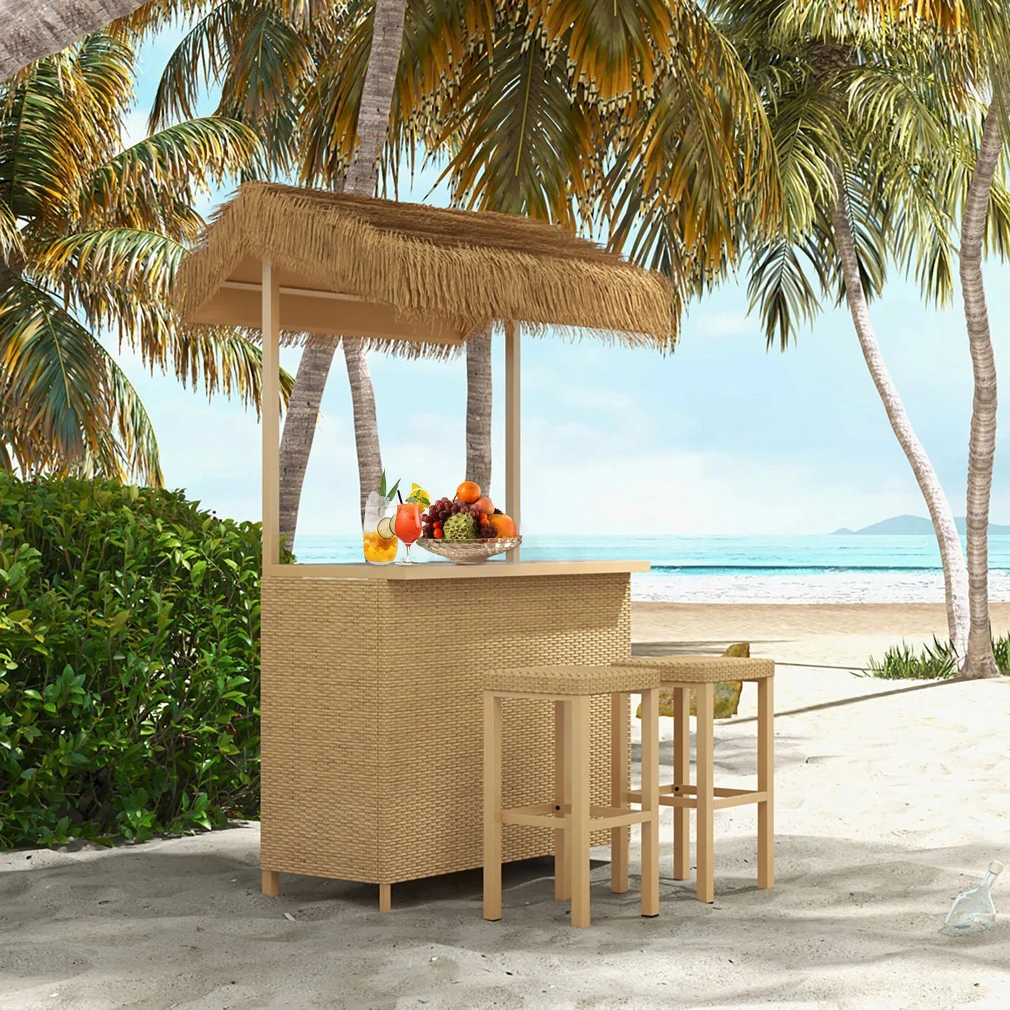 Outdoor Tiki Bar Set with Widen Ceramic Top 42 Inch W Phuket 3 Piece Wicker Islander Tiki Bar and 2 Stools Garden Storage