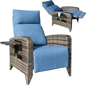 Upgraded Outdoor Recliner Chair Adjustable Back Reclining Patio Chairs Lay Flat Extended Footrest Wicker Rattan Metal