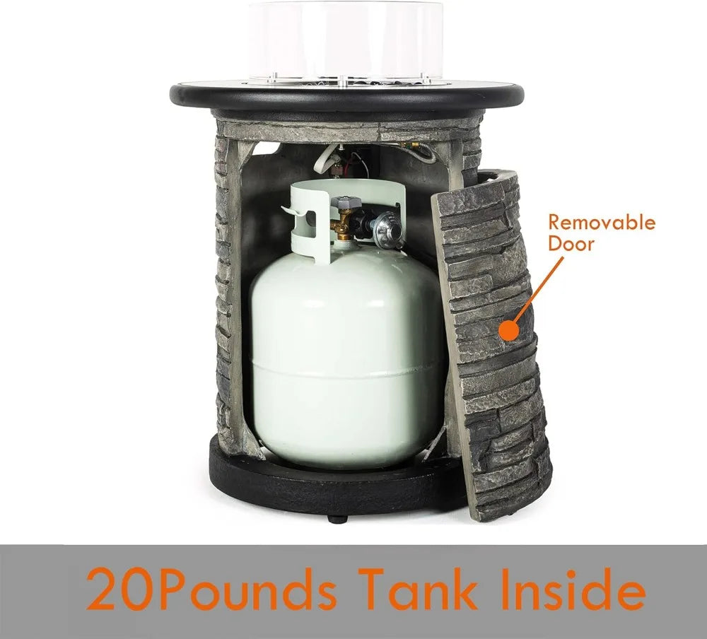 Outdoor Gas Propane Fire Pit Table Round Porcelain Tile Top 22 Inch Fire Bowl Column 40000 BTU Auto Ignition