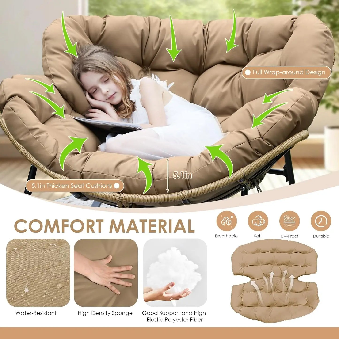 Rocking Egg Chair Indoor Outdoor Oversized Lounge Chair Wicker Papasan Rocker with Water Resistant Cushion Cover Dark Grey 450