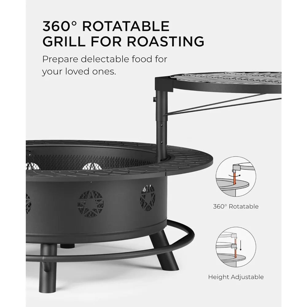 43 Inch Fire Pit with BBQ Grill and Lid Poker Extra Large Heavy Duty Wood Burning Fire Pit for Outdoor Use