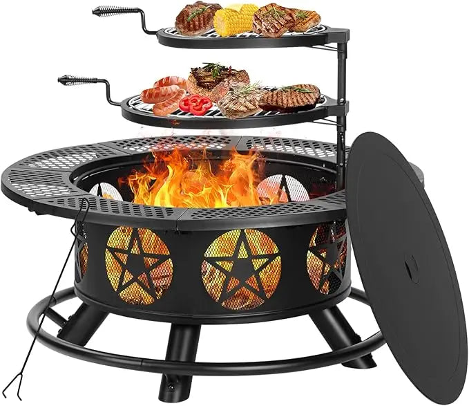 42 Inch Fire Pit with 2 Cooking Grills Heavy Duty Outdoor Fire Pit with Lid and Poker