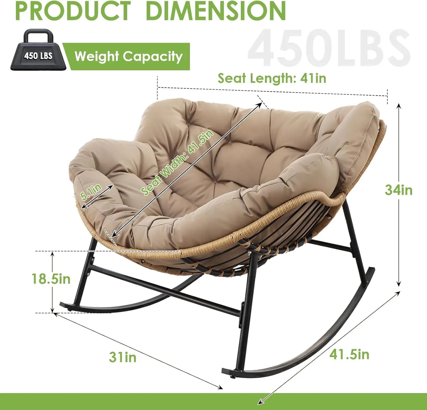 Rocking Egg Chair Indoor Outdoor Oversized Lounge Chair Wicker Papasan Rocker with Water Resistant Cushion Cover Dark Grey 450