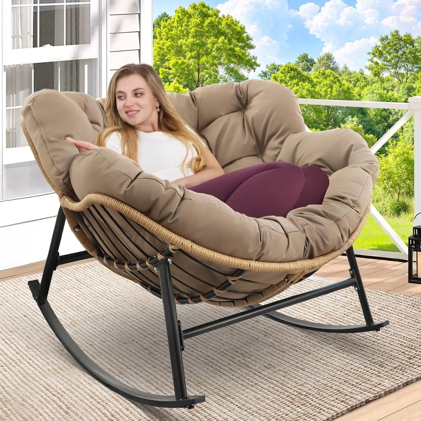 Rocking Egg Chair Indoor Outdoor Oversized Lounge Chair Wicker Papasan Rocker with Water Resistant Cushion Cover Dark Grey 450