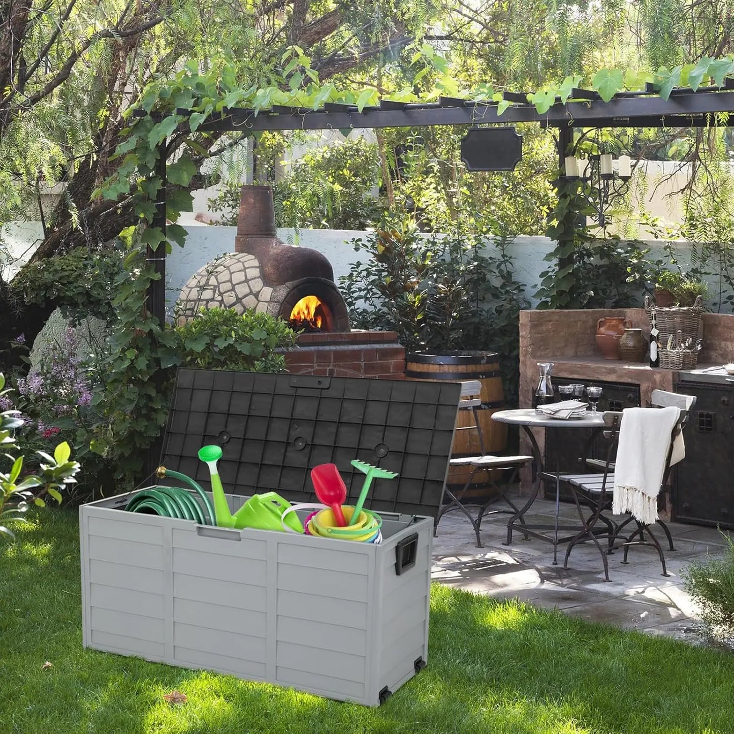 Upgraded 75 Gallon Outdoor Storage Box, Lockable Plastic Storage Containers with Lid, Patio Deck Box Furniture for Garden