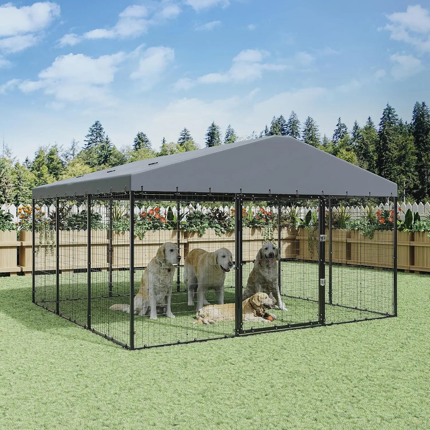 Outdoor Heavy Dog Cage for Big Dogs Galvanized Steel Dog Fence Pen with Ground Nails and Double Safety Rotate Door Lock