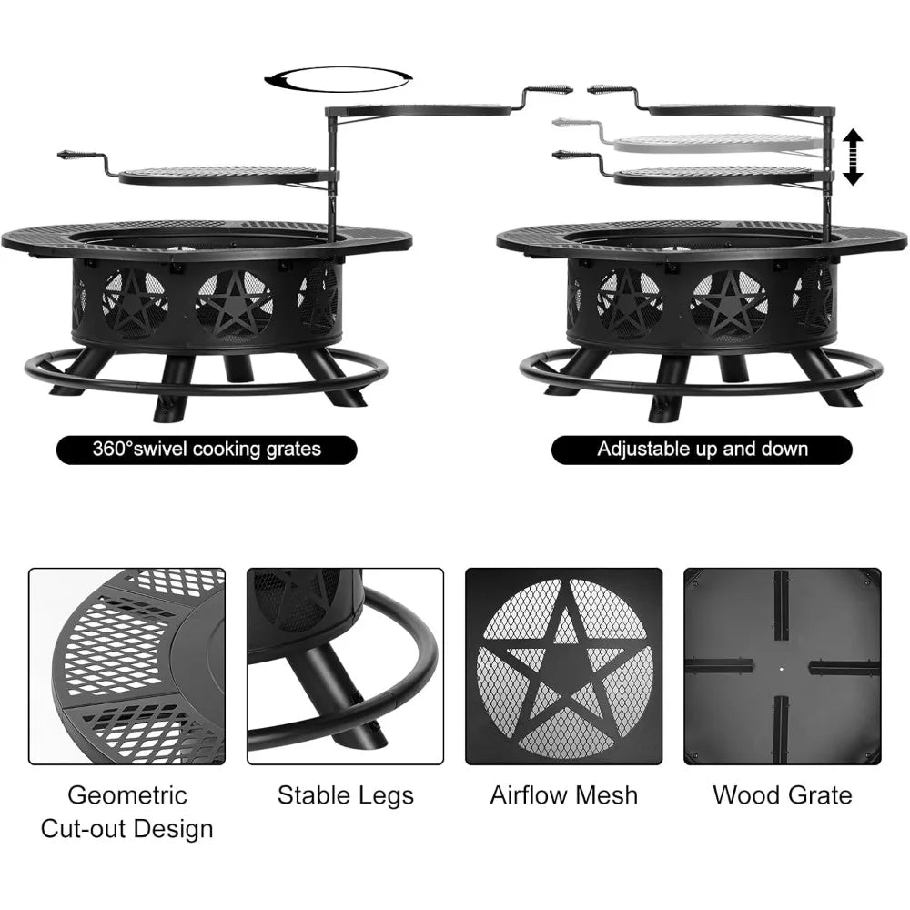 42 Inch Fire Pit with 2 Cooking Grills Heavy Duty Outdoor Fire Pit with Lid and Poker