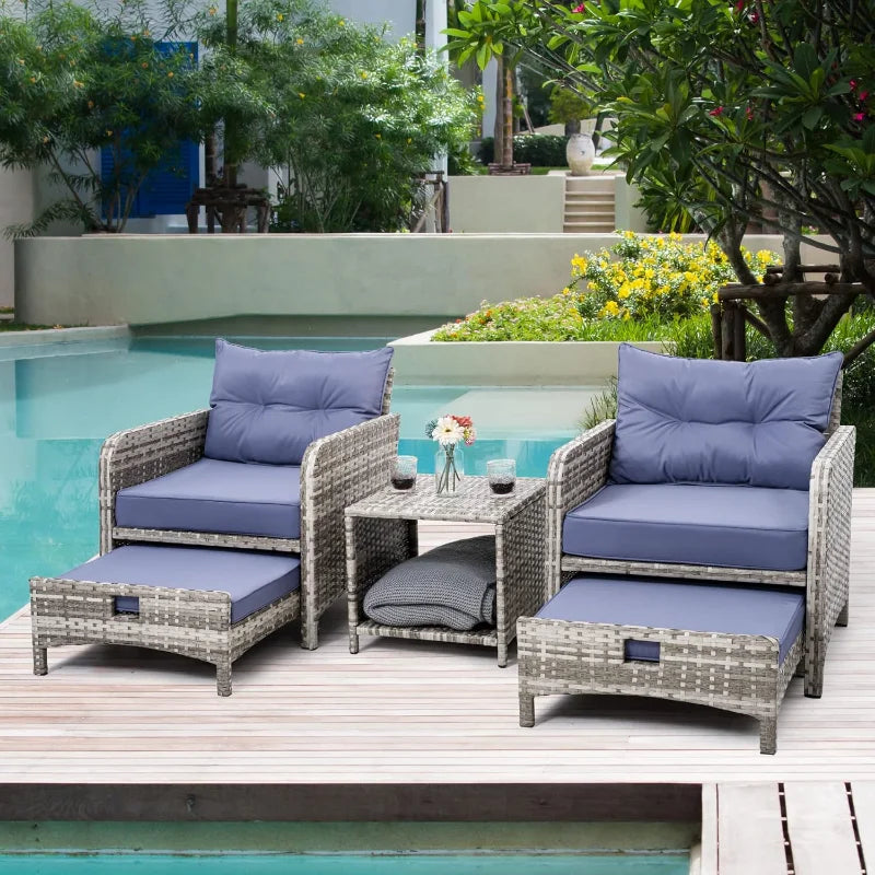 5 Pieces Wicker Patio Furniture Set Outdoor Patio Chairs with Ottomans Conversation Furniture with coffetable for Poorsi