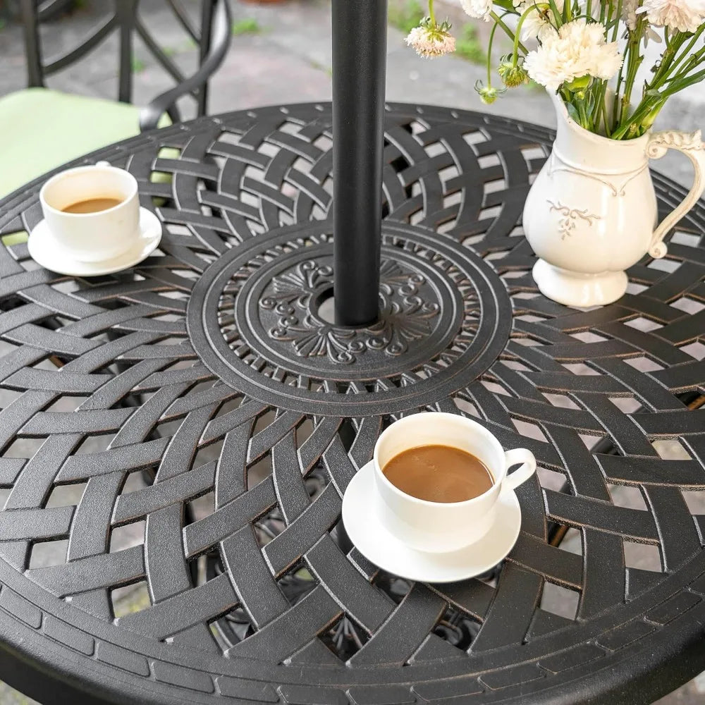 Bistro Set 3 Piece Outdoor All Weather Cast Aluminum Patio Bistro Set Patio Table and Chairs Set of 2 with Umbrella Hole and Gr