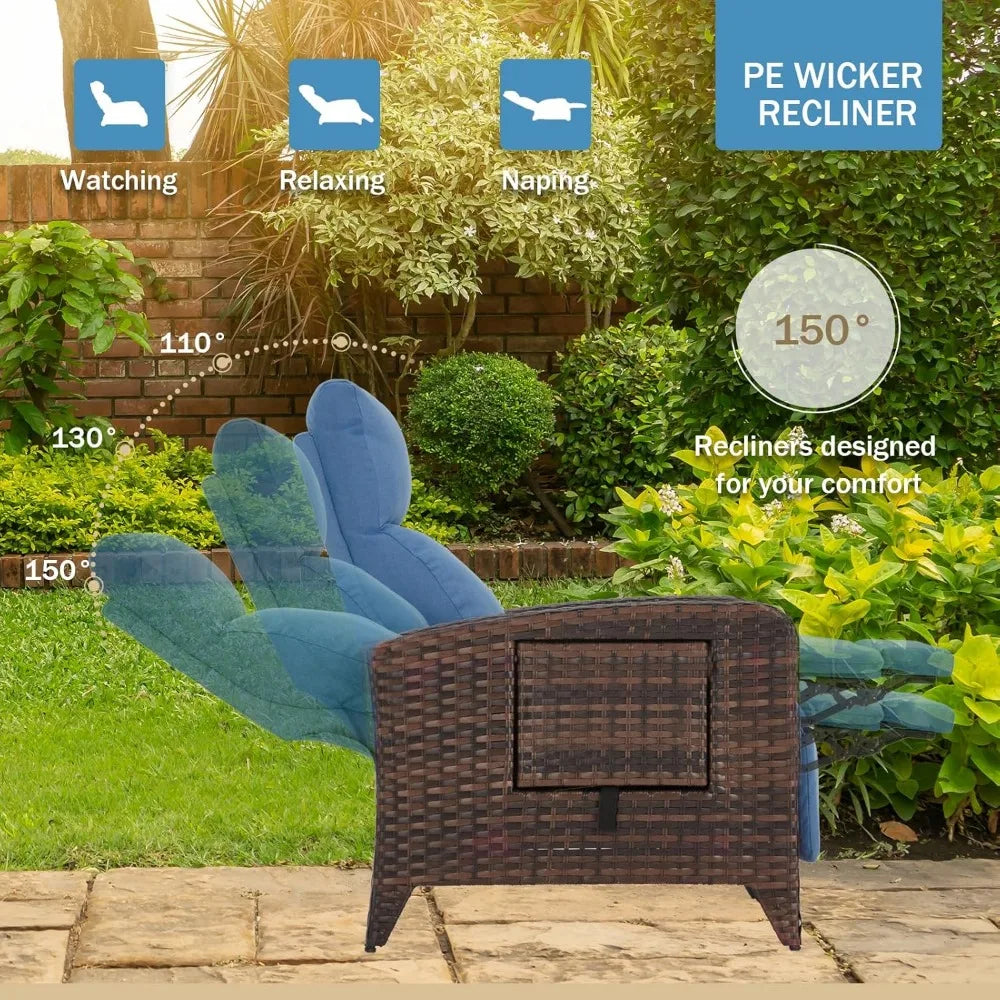Upgraded Outdoor Recliner Chair Adjustable Back Reclining Patio Chairs Lay Flat Extended Footrest Wicker Rattan Metal