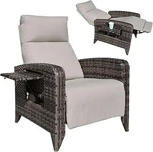 Upgraded Outdoor Recliner Chair Adjustable Back Reclining Patio Chairs Lay Flat Extended Footrest Wicker Rattan Metal