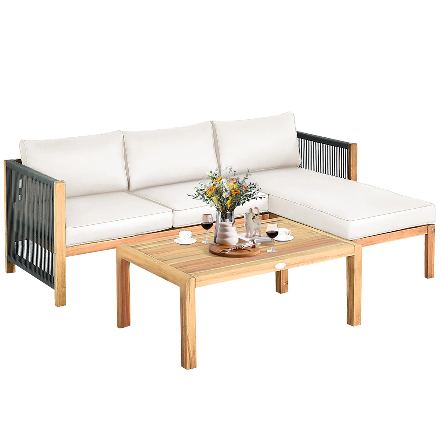 3PCS Patio Acacia Wood Sofa Furniture Set Thick Cushion W/Nylon Rope Armrest