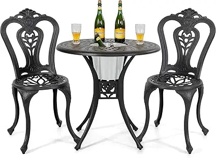 Bistro Set 3 Piece Outdoor All Weather Cast Aluminum Patio Bistro Set Patio Table and Chairs Set of 2 with Umbrella Hole and Gr