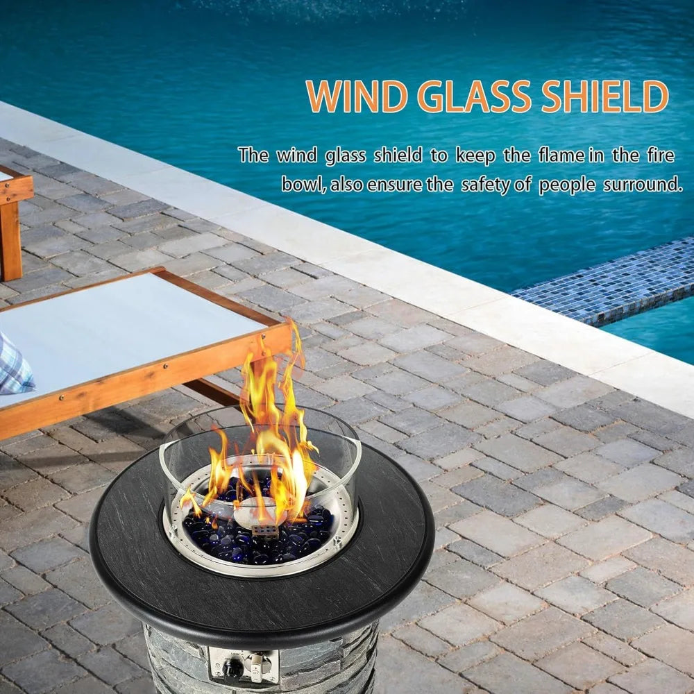 Outdoor Gas Propane Fire Pit Table Round Porcelain Tile Top 22 Inch Fire Bowl Column 40000 BTU Auto Ignition