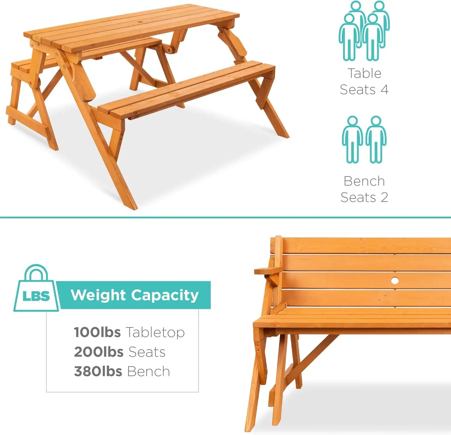 2-in-1 Transforming Interchangeable Outdoor Wooden Picnic Table Garden Bench for Backyard, Porch, Patio, Deck w/Umbrella Hole