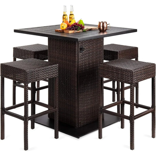 5 Piece Outdoor Wicker Bar Table Set for Patio Poolside and Backyard with Built in Bottle Opener Hidden Storage Shelf and Metal Table