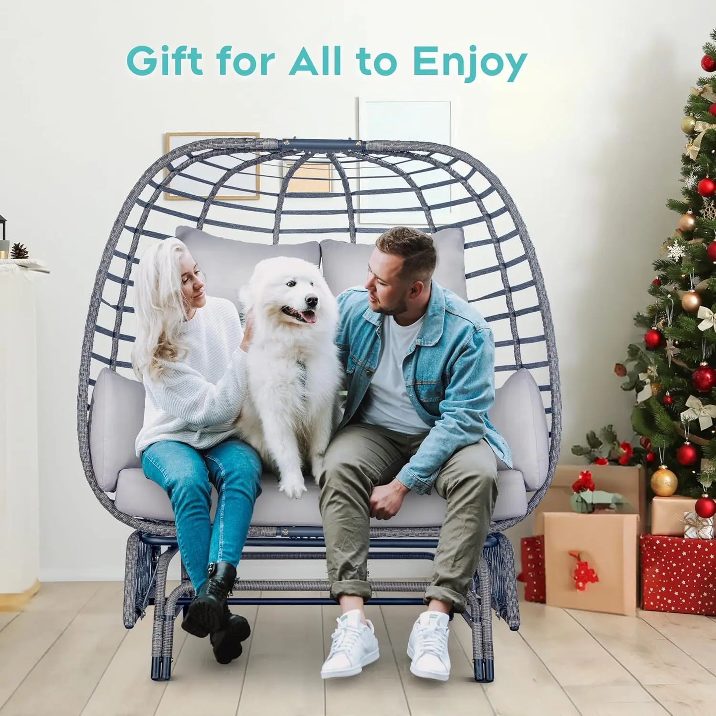 Outdoor Double Egg Chair Patio Chairs - 500lbs Capacity for 2 Person, Oversized Wicker Rocking Glider Chair with Steel Stand,