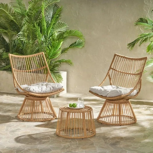 Outdoor Wicker Bistro Patio Furniture Set, Retro Wicker Chair Set with Side Table, Boho Style Patio Chair with High Back and Cus