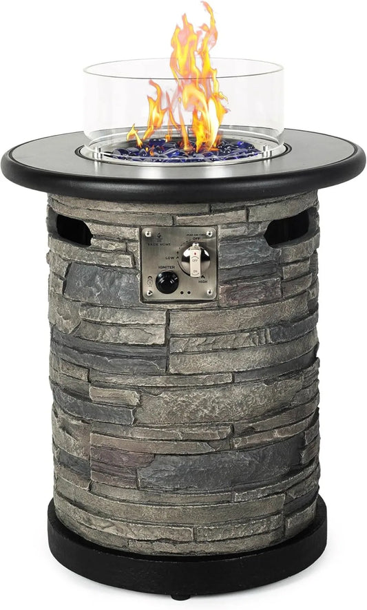 Outdoor Gas Propane Fire Pit Table Round Porcelain Tile Top 22 Inch Fire Bowl Column 40000 BTU Auto Ignition