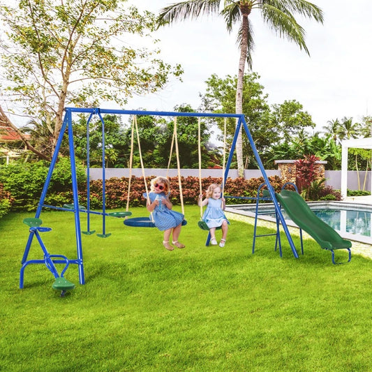 616 Lbs Swing Set for Backyard 5 in 1 Heavy Duty A Frame Stand Outdoor Playset for Kids with Slide Seesaw Glider and Swing Seat