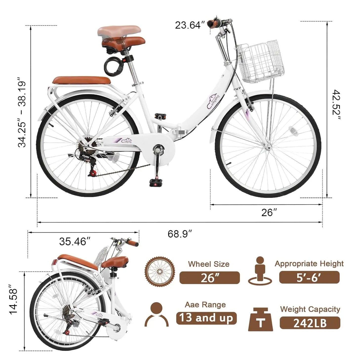 Foldable 24 26 Inches Bike 7 Speed Beach Cruiser With Lock Back Seat Basket
