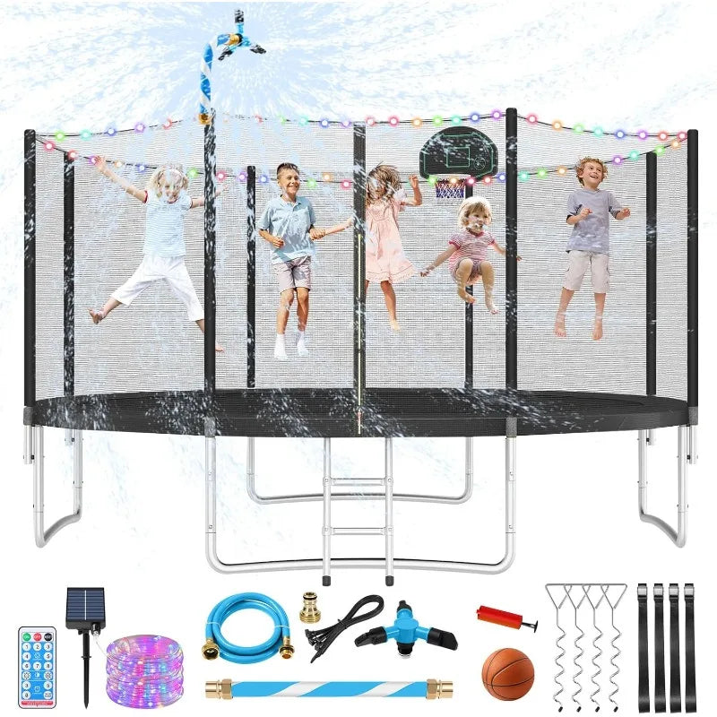 Upgraded 10 12 14 15 16FT Outdoor Trampoline for Kids with Lights Stakes and Sprinkler Backyard Use