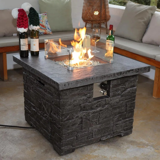 32 Inch Outdoor Propane Fire Pit Table Square Firepit with Glass Wind Guard 50000 BTU 2 Piece Slate Gas Fire Table