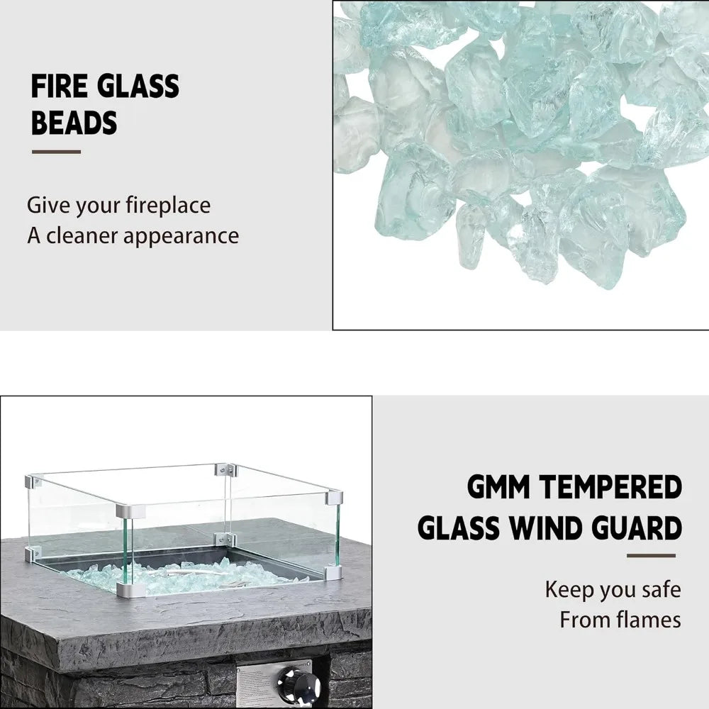 32 Inch Outdoor Propane Fire Pit Table Square Firepit with Glass Wind Guard 50000 BTU 2 Piece Slate Gas Fire Table