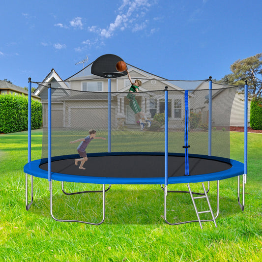 14FT Trampoline With Backboard Outdoor Pumpkin Trampoline With Enclosure Net And Ladder For Kids Teens And Adults