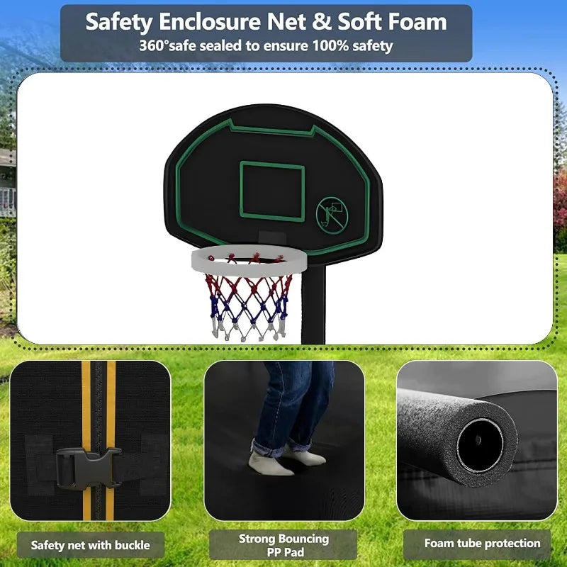Upgraded 10 12 14 15 16FT Outdoor Trampoline for Kids with Lights Stakes and Sprinkler Backyard Use