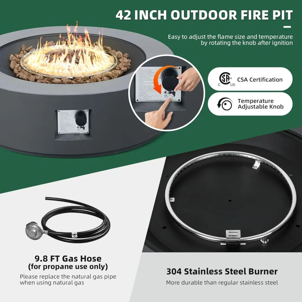 42 Inch Outdoor Propane Gas Fire Pit Table with Hidden Tank for Patio 50000 BTU Iron Round Firepit