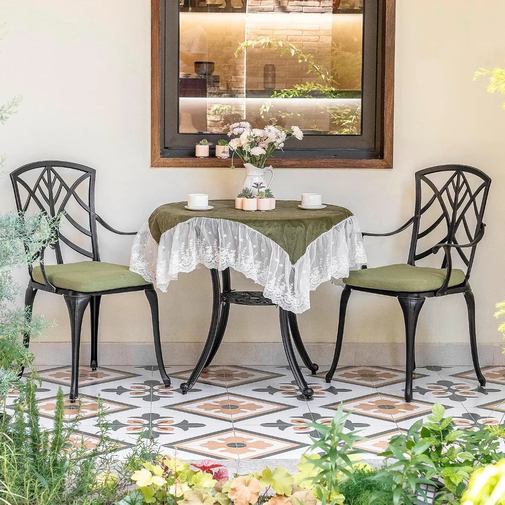 Bistro Set 3 Piece Outdoor All Weather Cast Aluminum Patio Bistro Set Patio Table and Chairs Set of 2 with Umbrella Hole and Gr