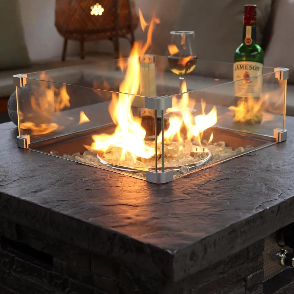 32 Inch Outdoor Propane Fire Pit Table Square Firepit with Glass Wind Guard 50000 BTU 2 Piece Slate Gas Fire Table