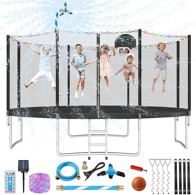 Upgraded 10 12 14 15 16FT Outdoor Trampoline for Kids with Lights Stakes and Sprinkler Backyard Use