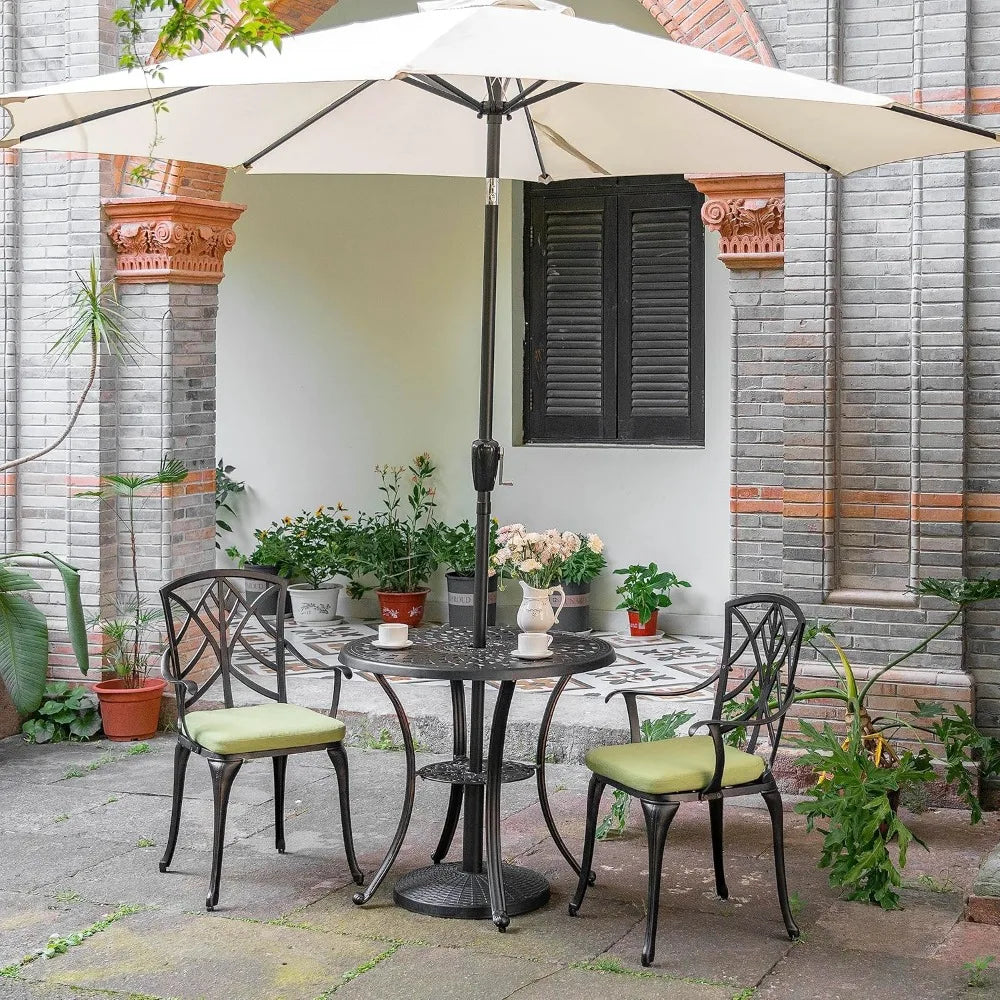 Bistro Set 3 Piece Outdoor All Weather Cast Aluminum Patio Bistro Set Patio Table and Chairs Set of 2 with Umbrella Hole and Gr