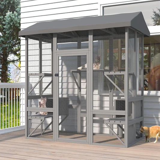 Catio Outdoor Cat Enclosure Large Cat House for Multiple Cats Walk In Cat Cage with Waterproof Cover and Sunshine Panel Roof Feral Cat Shelter with 7 Platforms and 2 Resting Boxes 72 Inch