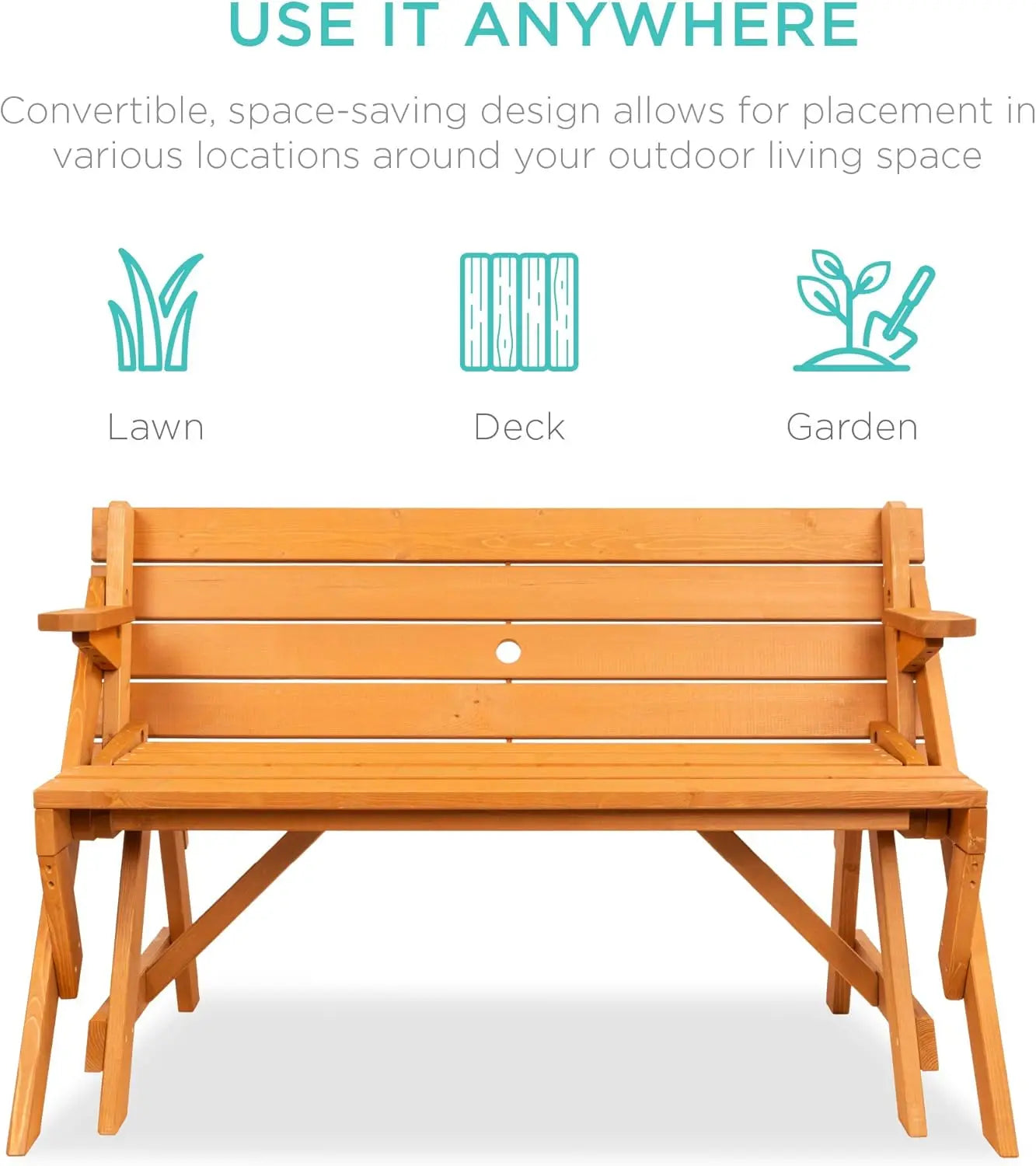 2-in-1 Transforming Interchangeable Outdoor Wooden Picnic Table Garden Bench for Backyard, Porch, Patio, Deck w/Umbrella Hole