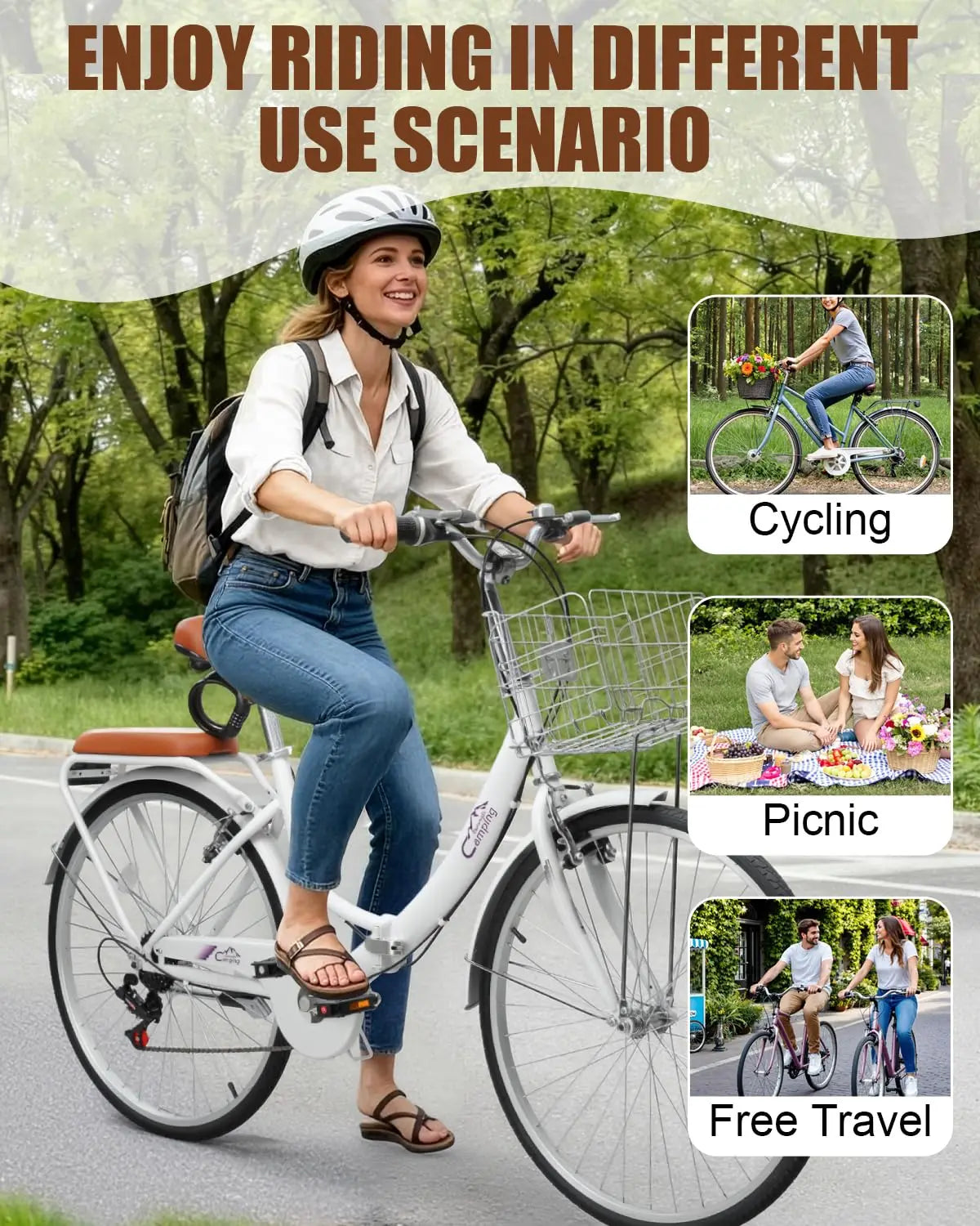 Foldable 24 26 Inches Bike 7 Speed Beach Cruiser With Lock Back Seat Basket