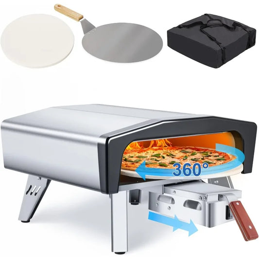 20 Inch Outdoor Gas Pizza Oven with Pull Out Handle and 360 Degree Automatic Rotating Pizza Stone Portable Stainless Steel Propane Pizza Oven for Grill Backyard and Camping
