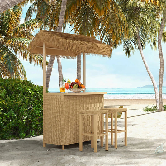 Outdoor Tiki Bar Set with Widen Ceramic Top 42 Inch W Phuket 3 Piece Wicker Islander Tiki Bar and 2 Stools Garden Storage